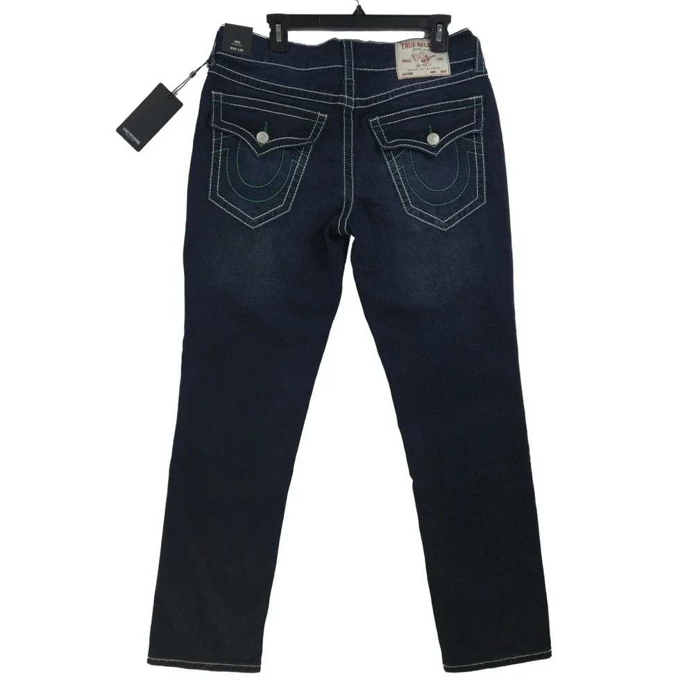 New True Religion Geno Men's Size 33x32 Dark Wash Big T Flap‎ Jeans